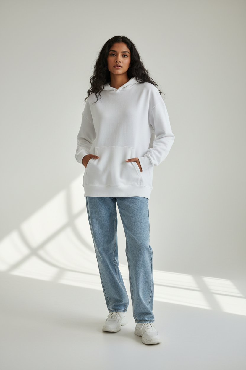 Indian female model wearing white unisex pullover hoodie