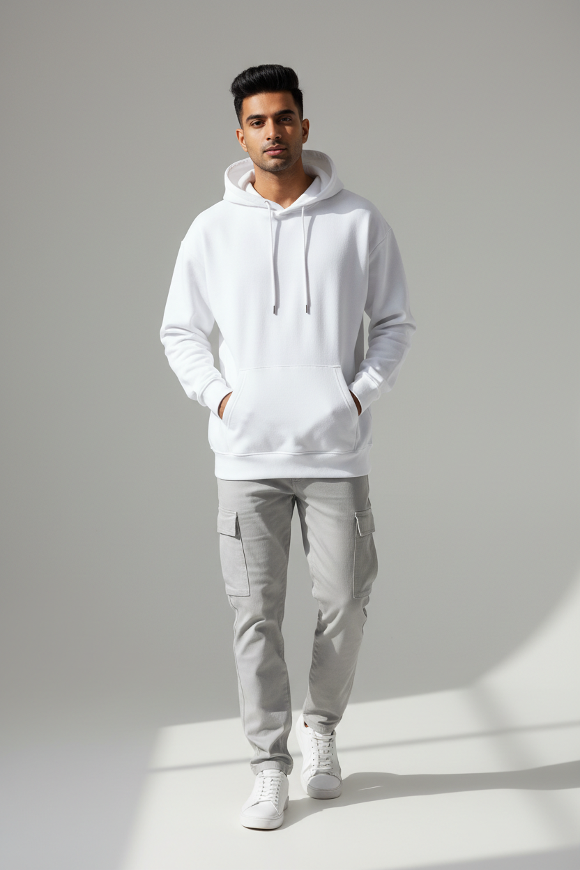 Indian male model wearing white unisex pullover hoodie